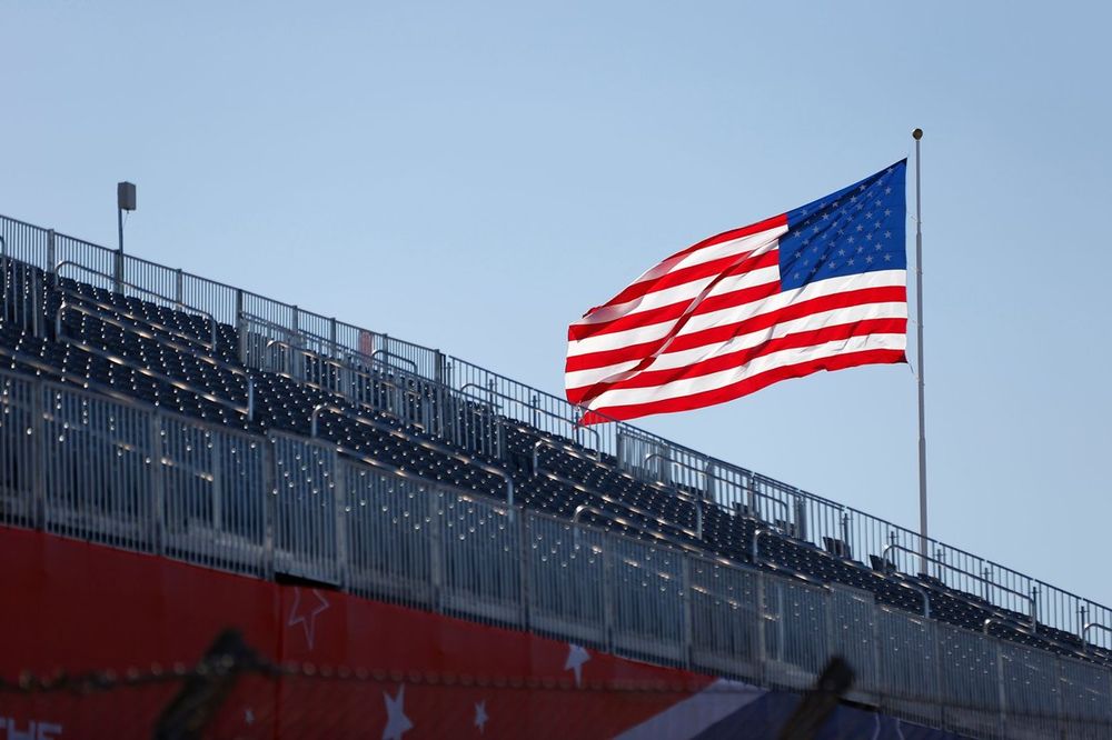 general view of track with American flag