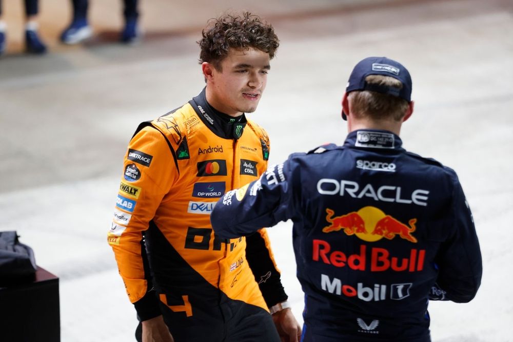Pole man Max Verstappen, Red Bull Racing, Lando Norris, McLaren F1 Team, chat in Parc Ferme 