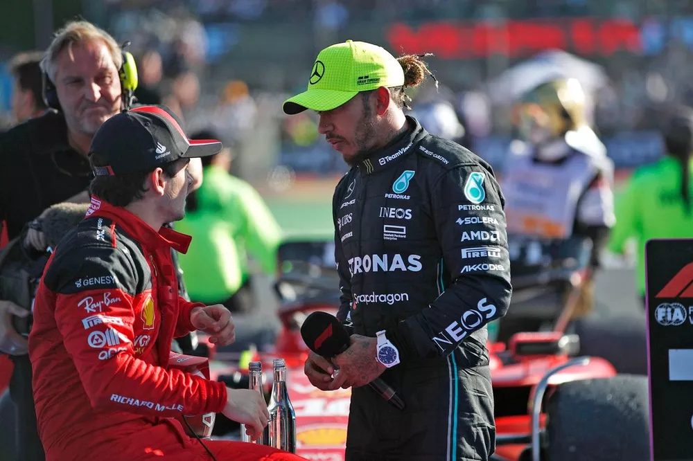 Charles Leclerc, Scuderia Ferrari, 3rd position, Lewis Hamilton, Mercedes-AMG, 2nd position, talk in Parc Ferme