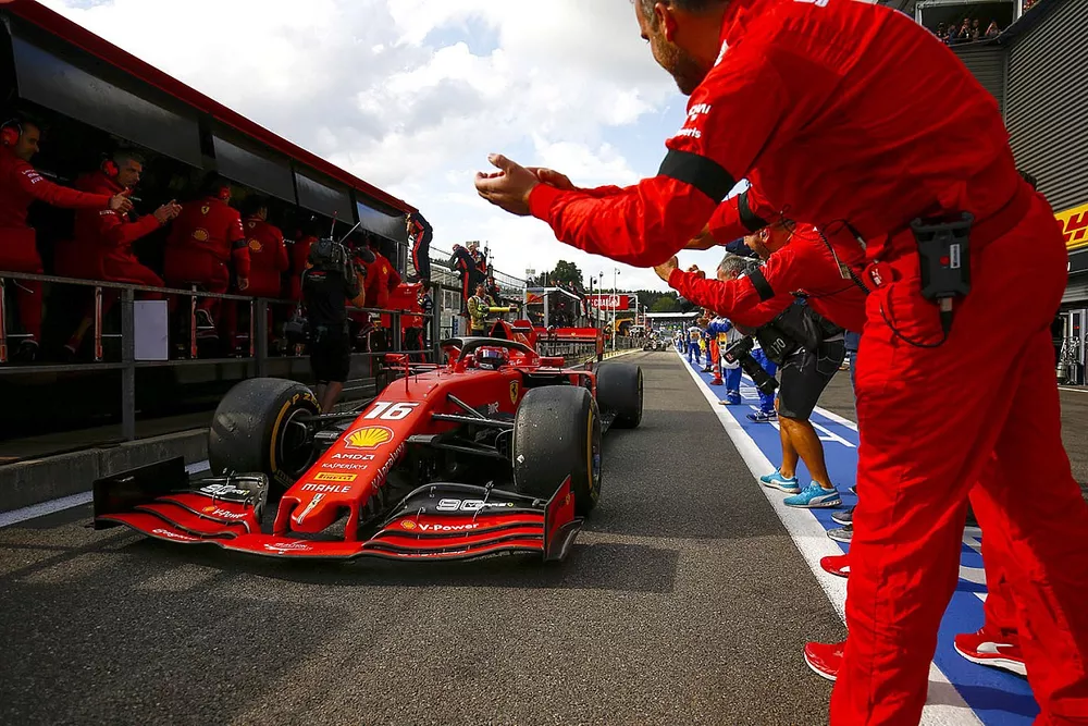 Winner Charles Leclerc, Ferrari, is congratulated by his team