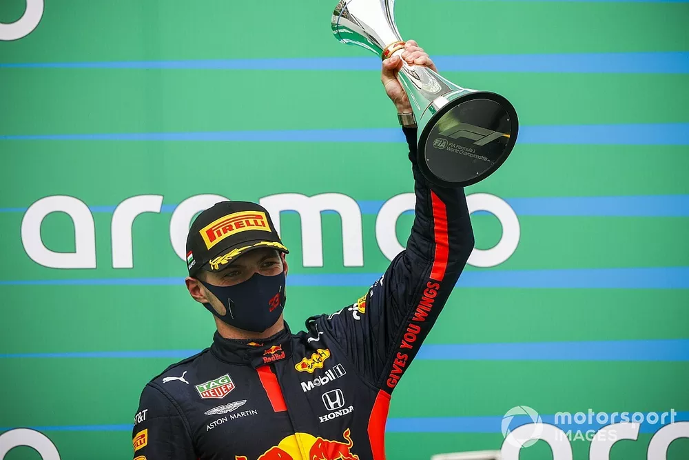 Max Verstappen, Red Bull Racing celebrates on the podium 