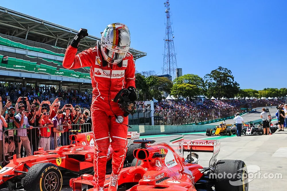 Race winner Sebastian Vettel, Ferrari SF70H celebrates in parc ferme