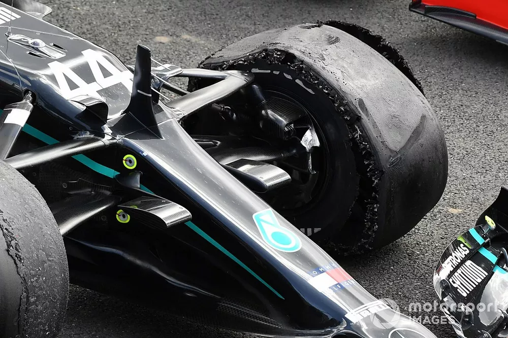 The punctured tyre of Lewis Hamilton, Mercedes F1 W11, 1st position, in Parc Ferme
