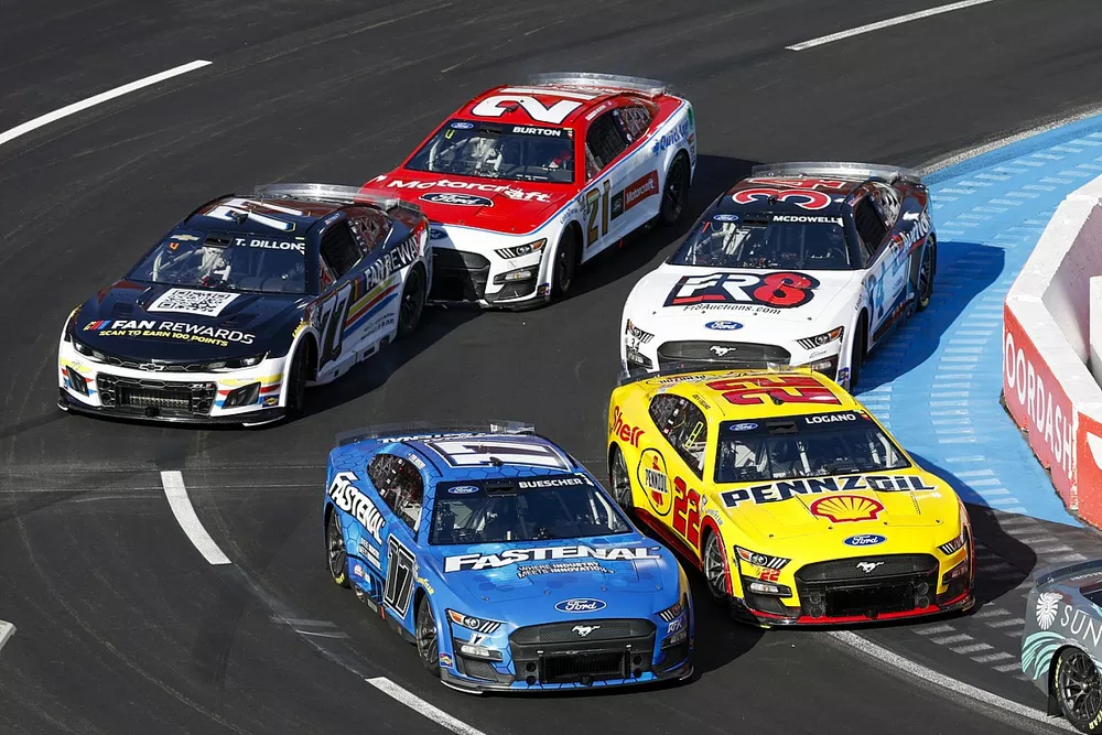Chris Buescher, RFK Racing, Fastenal Ford, Joey Logano, Team Penske, Shell Pennzoil Ford, Ty Dillon, Spire Motorsports, NASCAR Fan Rewards Chevrolet, Michael McDowell, Front Row Motorsports, FR8Auctions.com Ford, Harrison Burton, Wood Brothers Racing, Motorcraft / Quick Lane Ford