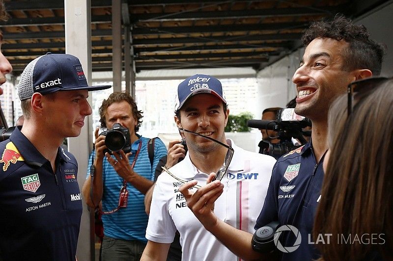 Max Verstappen, Red Bull Racing, Sergio Perez, Force India, and Daniel Ricciardo, Red Bull Racing