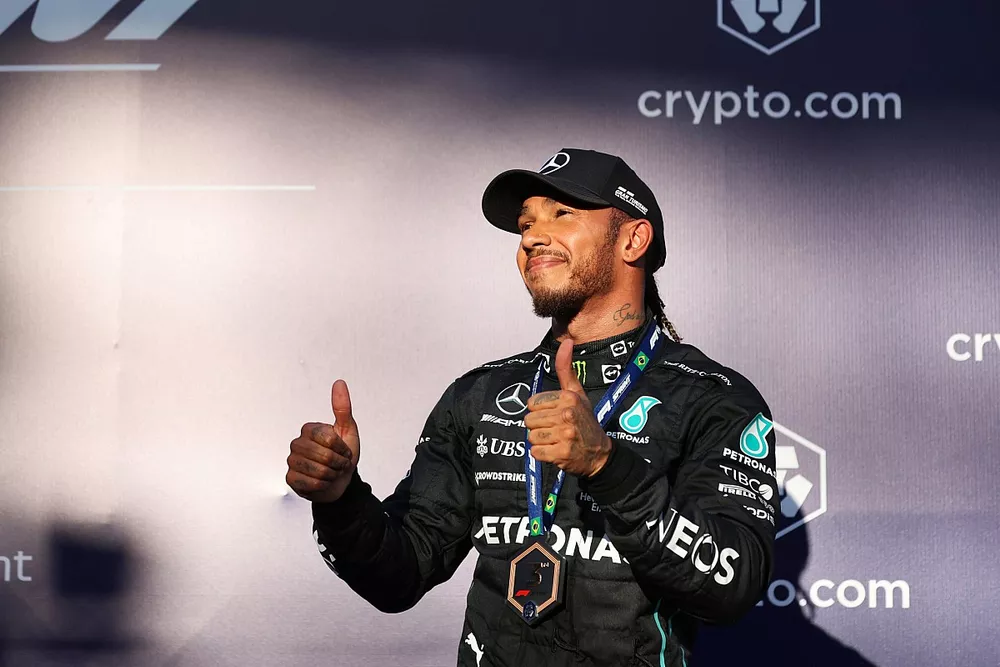 Lewis Hamilton, Mercedes AMG, celebrates 3rd position in the sprint race