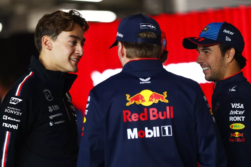 George Russell, Mercedes, Max Verstappen, Red Bull Racing, Sergio P&eacute;rez, Red Bull Racing