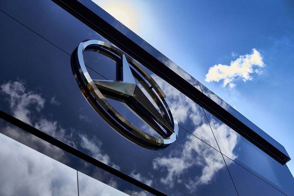 Mercedes logo on the Mercedes garage in the paddock