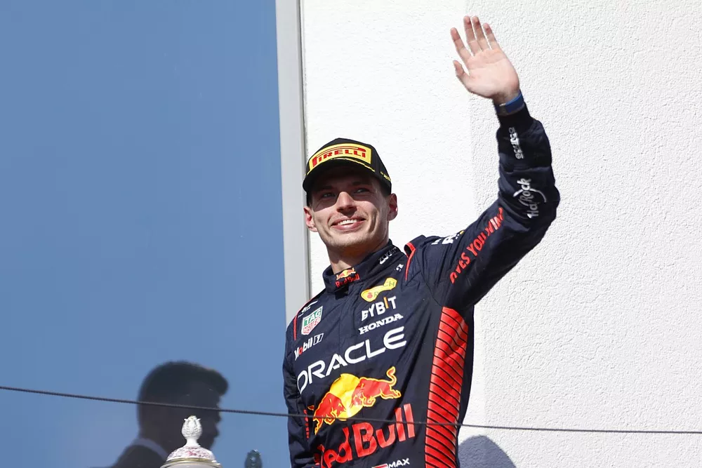 Max Verstappen, Red Bull Racing, 1st position, on the podium