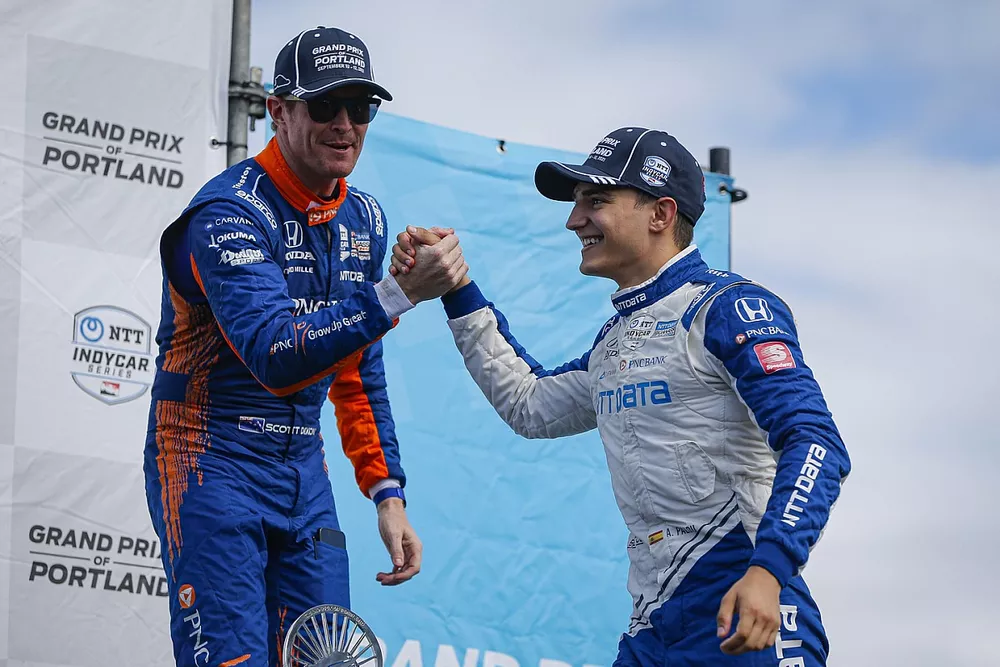 Alex Palou, Chip Ganassi Racing Honda celebrates winning the Grand Prix of Portland, Scott Dixon, Chip Ganassi Racing Honda