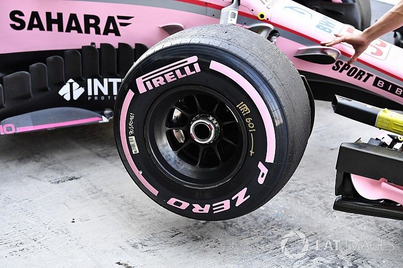 Detalle de neum&aacute;ticos Pirelli de 2018 Hypersoft de Nikita Mazepin, Sahara Force India VJM10
