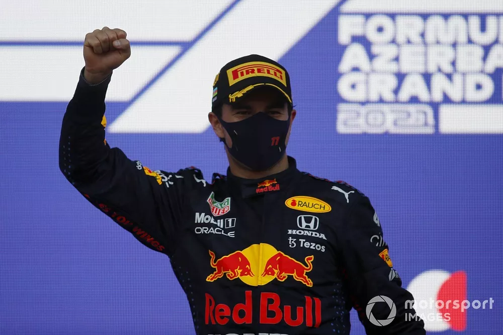 Sergio Perez, Red Bull Racing, 1st position, on the podium