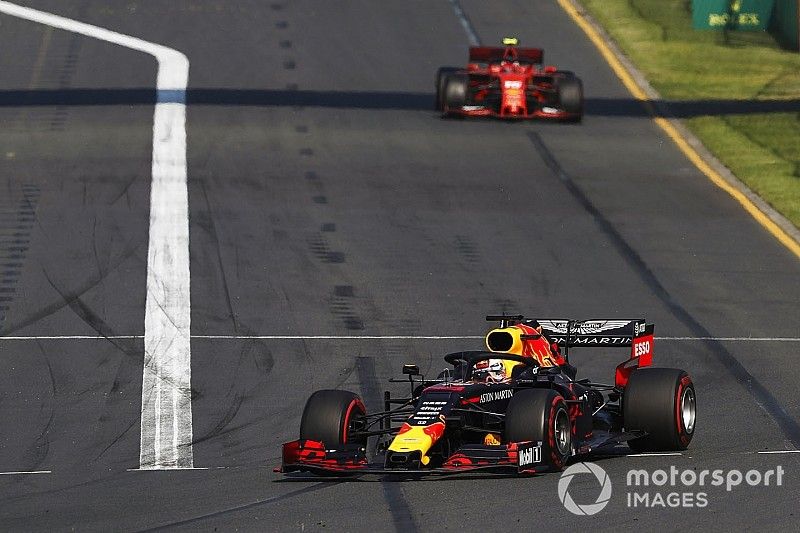 Max Verstappen, Red Bull Racing RB15, leads Charles Leclerc, Ferrari SF90