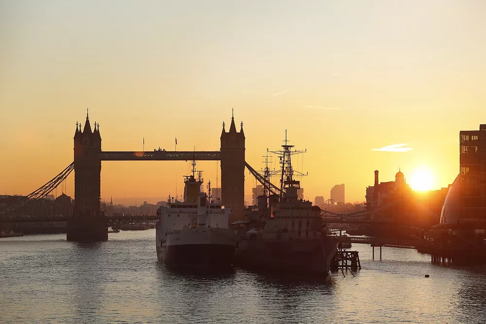 The 'floating paddock' St Helena docked in London next to HMS Belfast