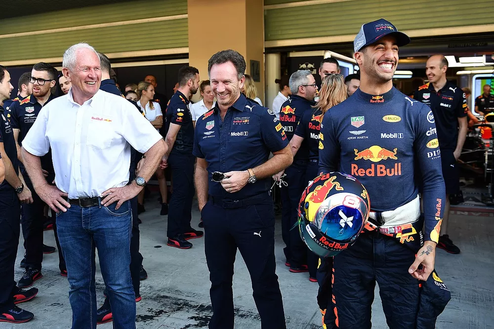 Dr Helmut Marko, Red Bull Motorsport Consultant, Christian Horner, Red Bull Racing Team Principal and Daniel Ricciardo, Red Bull Racing
