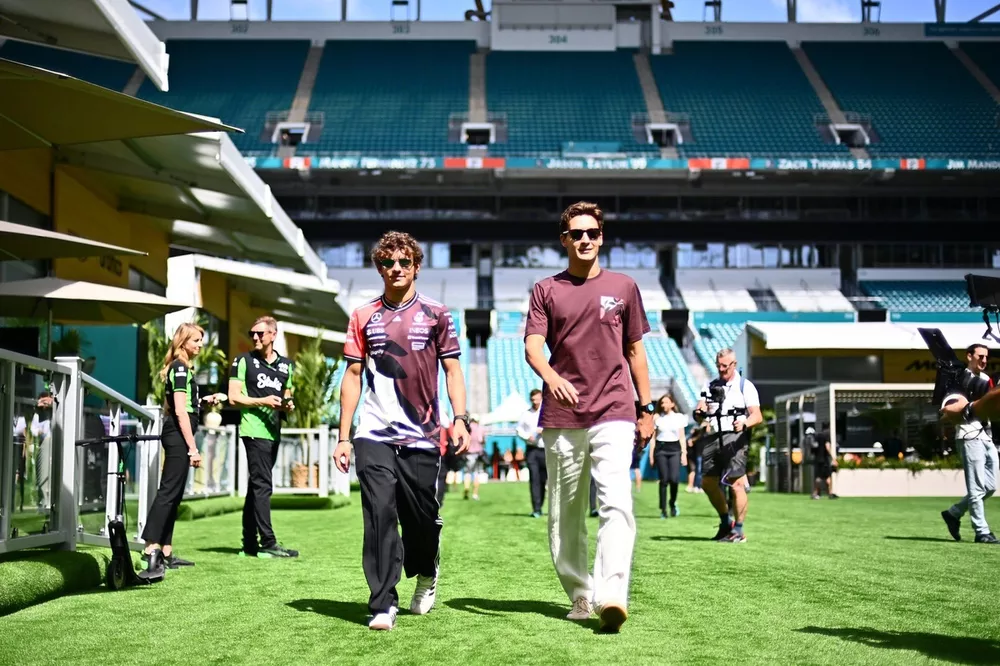George Russell and Kimi Antonelli roll into Miami GP in adidas car
