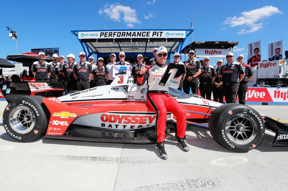 Scott McLaughlin, Team Penske Chevrolet celebrates winning the NTT P1 Pole Award for taking the pole for race 1Josef Newgarden, Team Penske Chevrolet celebrates winning the NTT P1 Pole Award for taking the pole for race 2