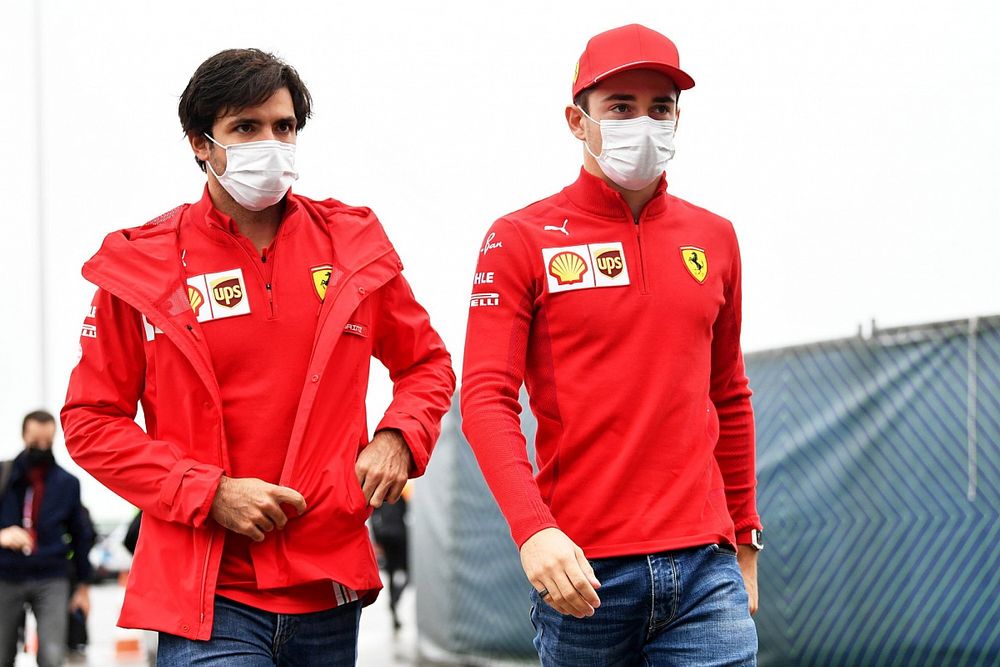 Carlos Sainz Jr., Ferrari and Charles Leclerc, Ferrari arrive at the track