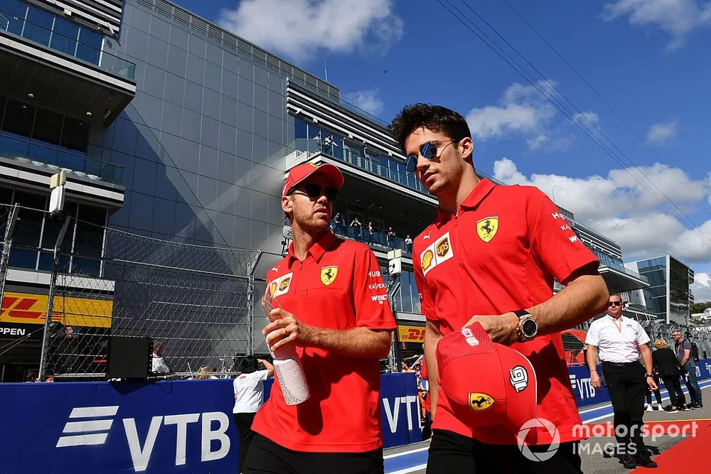 Sebastian Vettel, Ferrari, and Charles Leclerc, Ferrari, in the drivers parade
