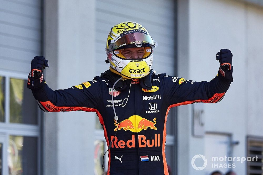 Race winner Max Verstappen, Red Bull Racing, celebrates in Parc Ferme