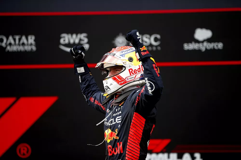 Max Verstappen, Red Bull Racing, 1st position, celebrates on arrival in Parc Ferme