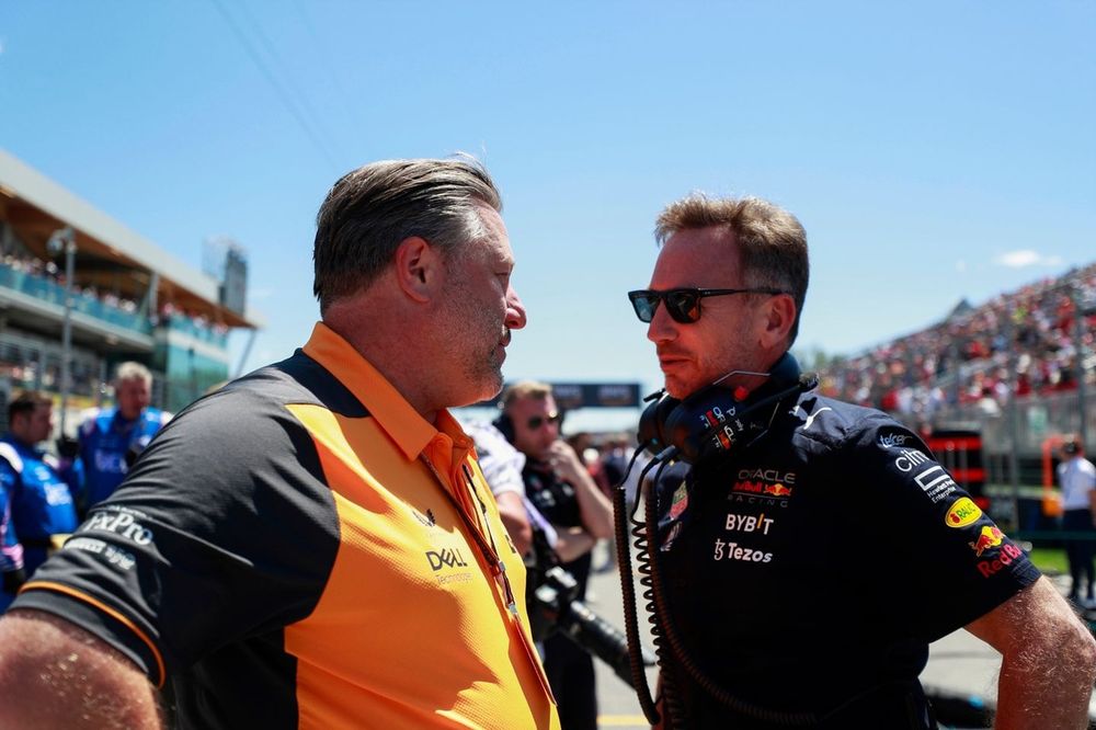 Zak Brown, CEO, McLaren Racing, chats with Christian Horner, Team Principal, Red Bull Racing, on the grid