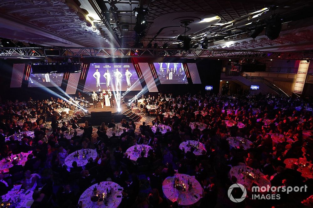 Enaam Ahmed, Jamie Chadwick, Johnathan Hoggard and Ayrton Simmons on stage for the BRDC Young Driver of the Year award