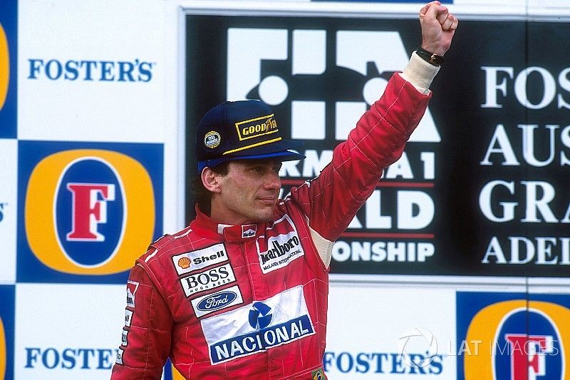 Podium: Race winner Ayrton Senna, McLaren celebrates