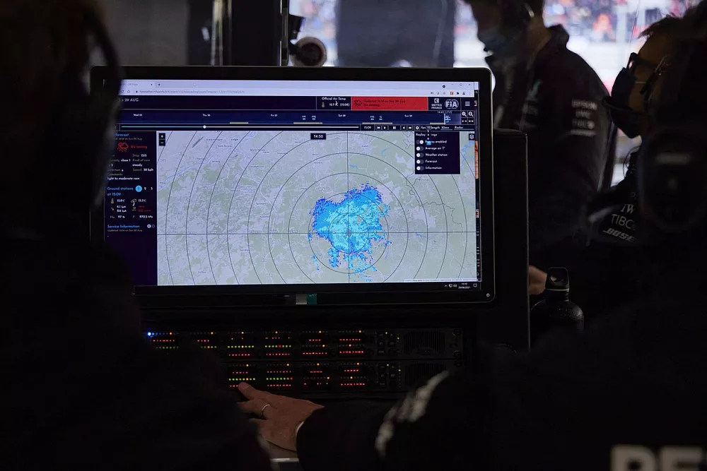 Weather radar screen in the Mercedes garage