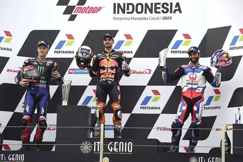 Podium: race winner Miguel Oliveira, Red Bull KTM Factory Racing, second place Fabio Quartararo, Yamaha Factory Racing, third place Johann Zarco, Pramac Racing