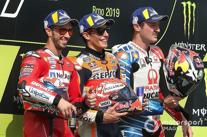 Podio: ganador Marc M&aacute;rquez, Repsol Honda Team, segundo clasificado Andrea Dovizioso, Ducati Team, tercer clasificado Jack Miller, Pramac Racing