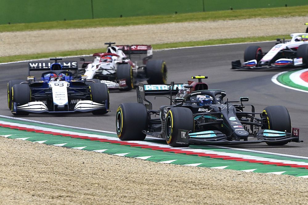 Valtteri Bottas, Mercedes W12, George Russell, Williams FW43B, Kimi Raikkonen, Alfa Romeo Racing C41 ,and Mick Schumacher, Haas VF-21