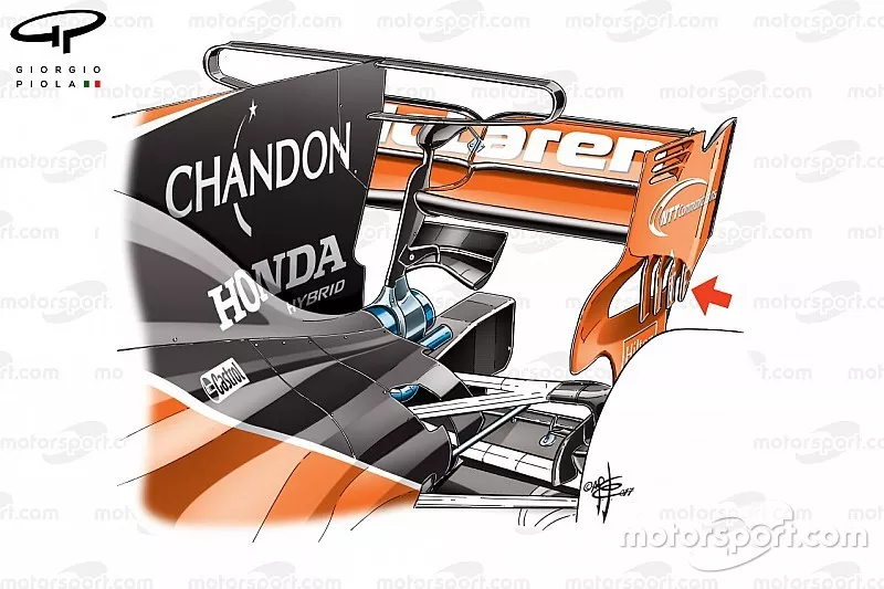 D&eacute;tails du T-wing et des d&eacute;rives d'aileron arri&egrave;re de la McLaren MCL32
