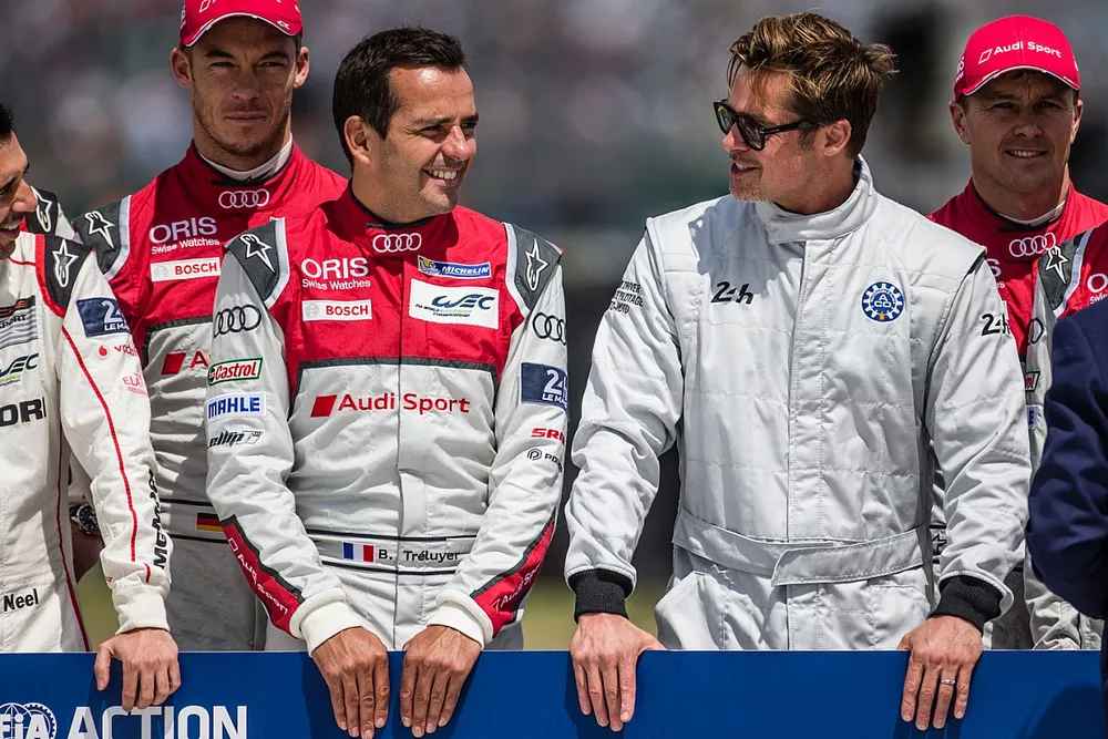 FIA Action for Road Safety photoshoot: #7 Audi Sport Team Joest Audi R18: Marcel Fassler, Andre Lotterer, Benoit Tr&eacute;luyer with actor Brad Pitt