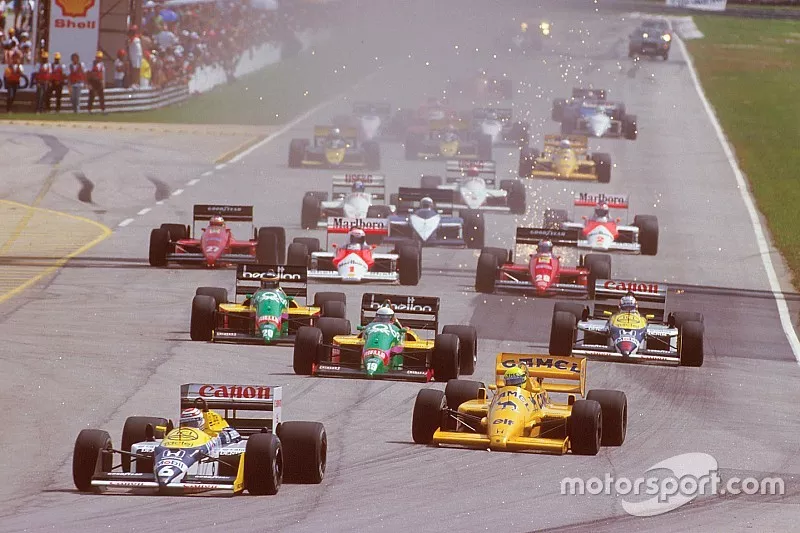 D&eacute;part : Nelson Piquet, Williams FW11B Honda, devant Ayrton Senna, Team Lotus Honda 99T, Teo Fabi, Benetton B187 Ford, Thierry Boutsen, Benetton B187 Ford et Nigel Mansell, Williams FW11B Honda