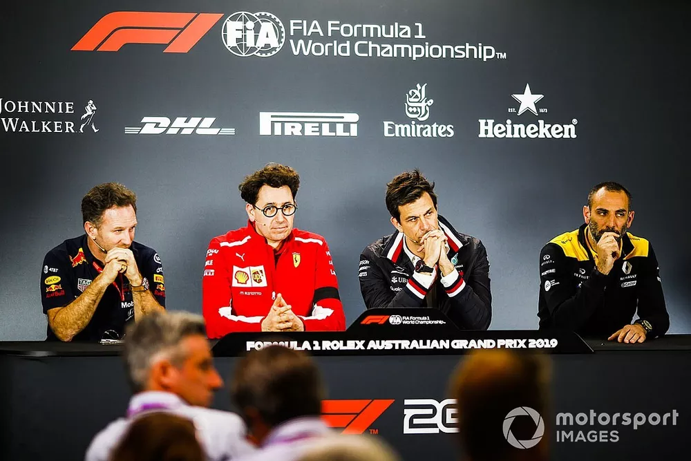 Christian Horner, Team Principal, Red Bull Racing, Mattia Binotto, Team Principal Ferrari, Toto Wolff, Executive Director (Business), Mercedes AMG, and Cyril Abiteboul, Managing Director, Renault F1 Team, in the team principals Press Conference