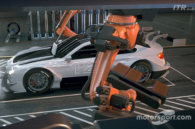 Industrial robots will effortlessly remove and replace the car&rsquo;s underbody battery pack during the mandatory pit-stops