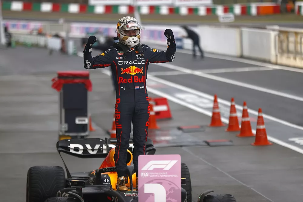 Max Verstappen, Red Bull Racing, 1st position, celebrates on arrival in Parc Ferme