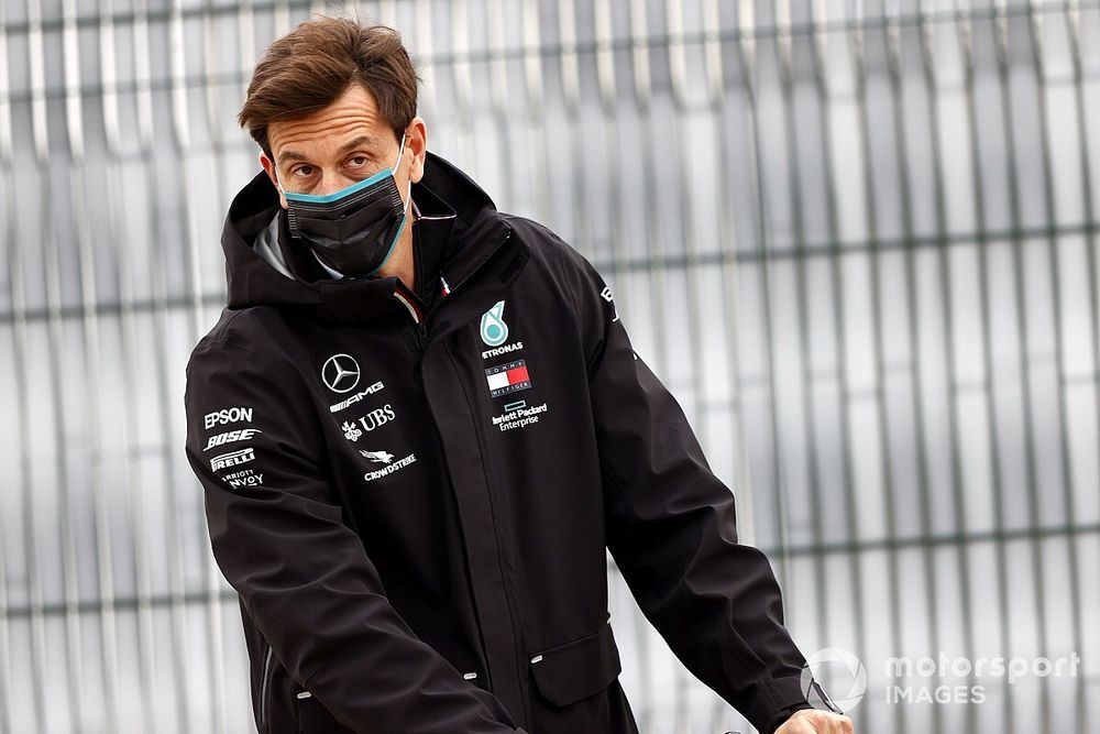 Toto Wolff, Executive Director (Business), Mercedes AMG on an electric scooter.