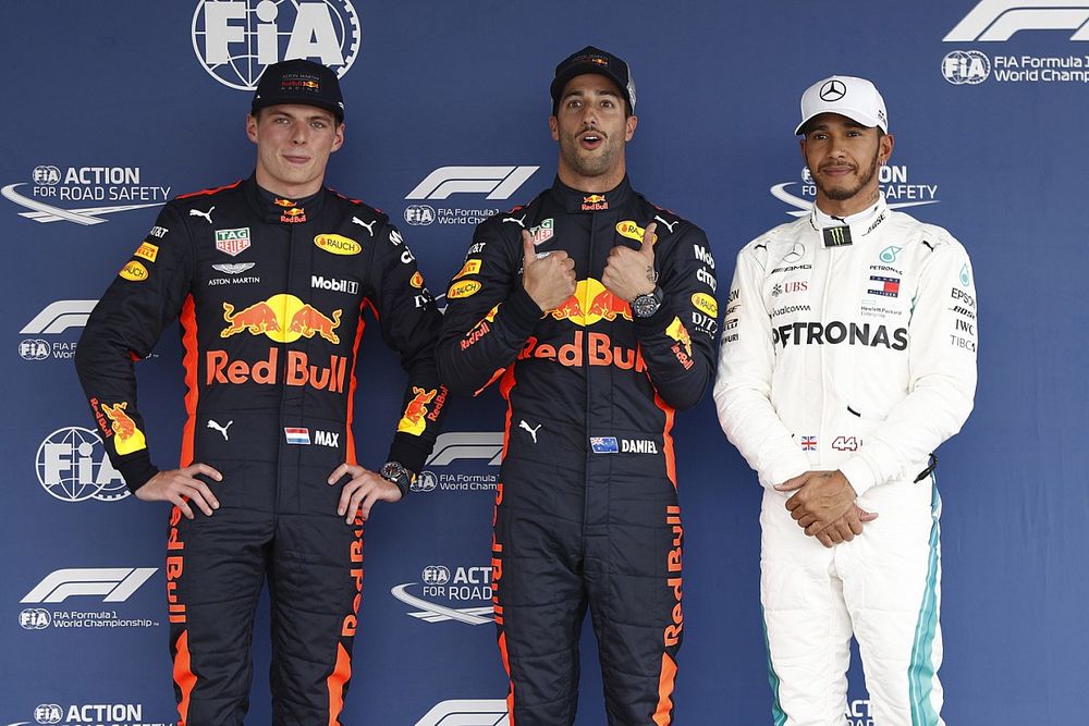 Top three Qualifiers, second placed Max Verstappen, Red Bull Racing, pole man Daniel Ricciardo, Red Bull Racing, and Lewis Hamilton, Mercedes AMG F1