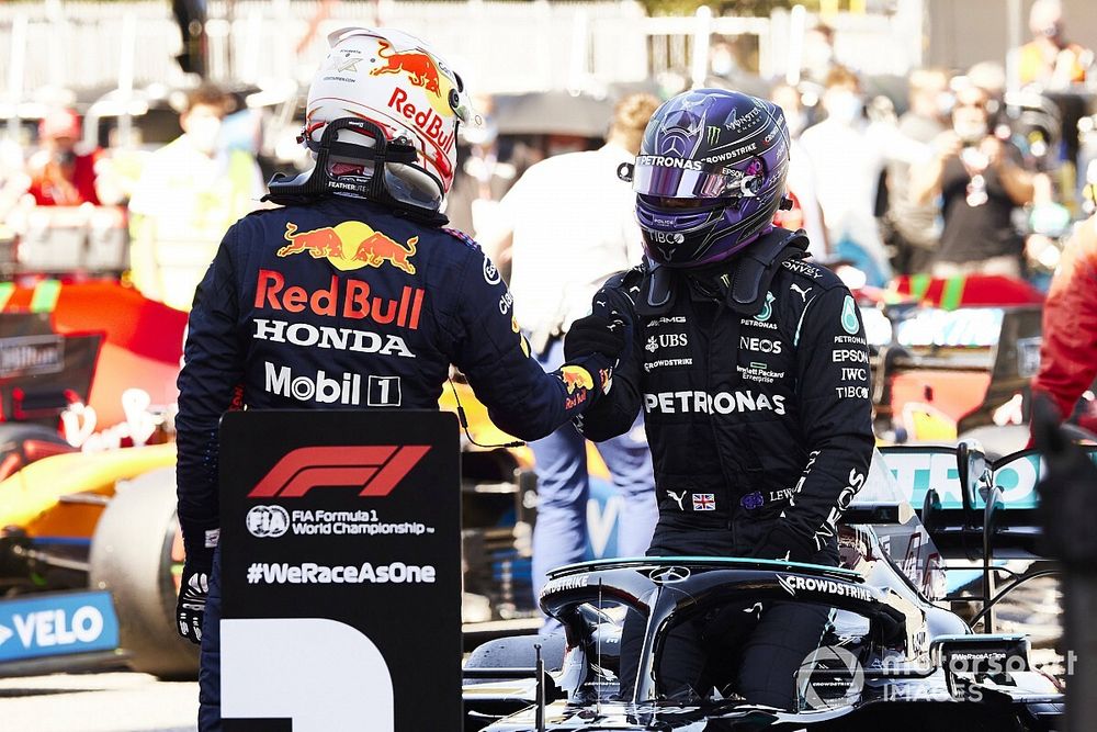 Max Verstappen, Red Bull Racing, congratulates Lewis Hamilton, Mercedes, in Parc Ferme after securing his 100th pole in F1