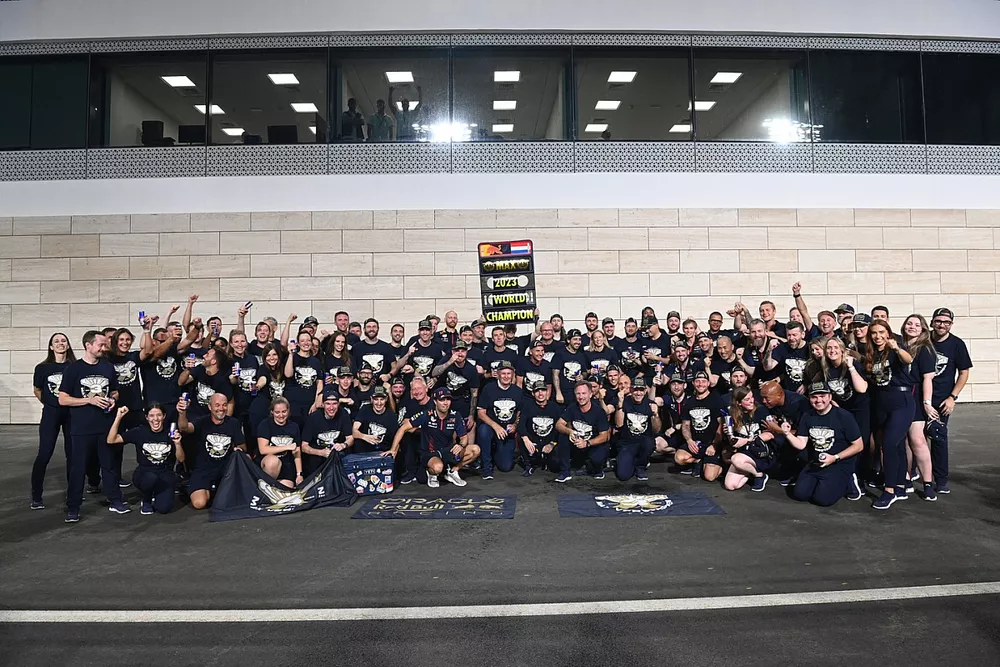 Sergio Perez, Red Bull Racing, Helmut Marko, Consultant, Red Bull Racing, Max Verstappen, Red Bull Racing, Christian Horner, Team Principal, Red Bull Racing, Adrian Newey, Chief Technology Officer, Red Bull Racing, the Red Bull Racing team celebrate a