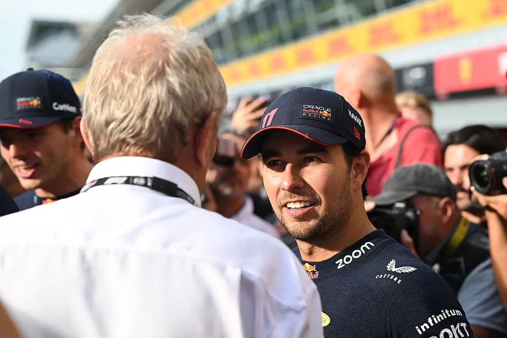 Helmut Marko, Consultant, Red Bull Racing, Sergio Perez, Red Bull Racing, 2nd position, talk after the race