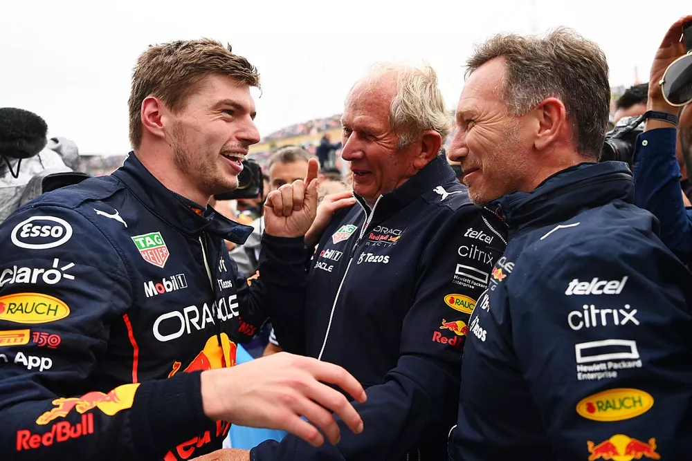 Max Verstappen, Red Bull Racing, Christian Horner, director del equipo Red Bull Racing, Helmut Marko, asesor de Red Bull Racing 