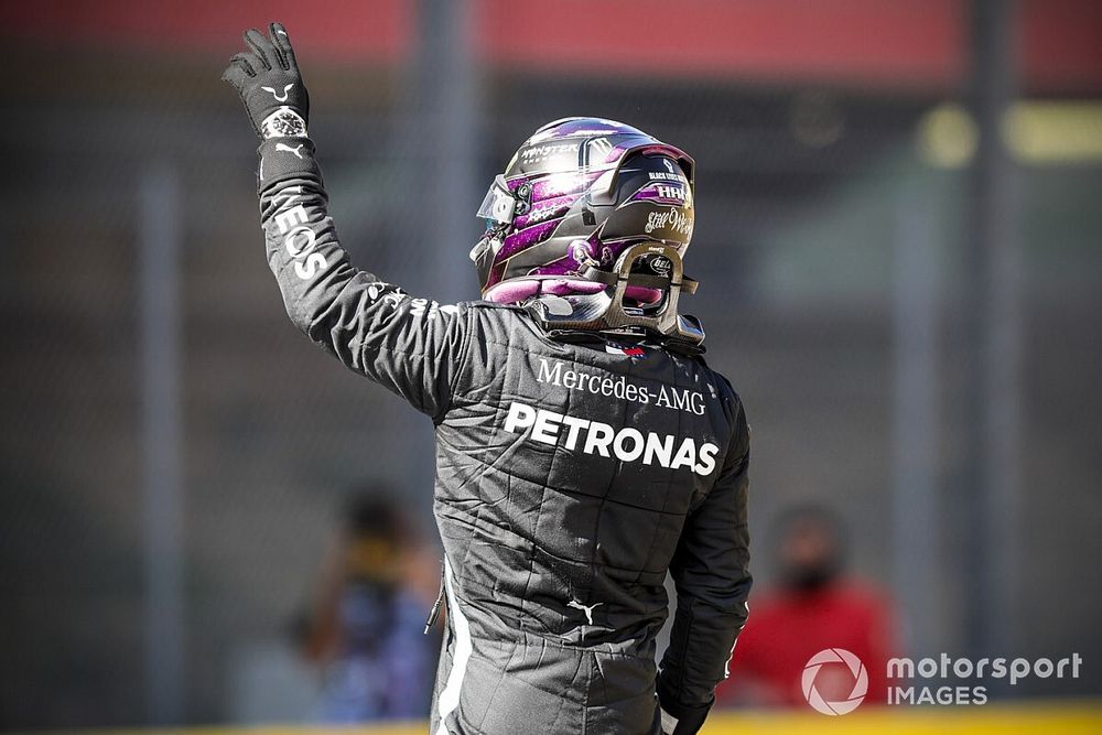 Lewis Hamilton, Mercedes-AMG F1, celebrates on the grid after securing pole