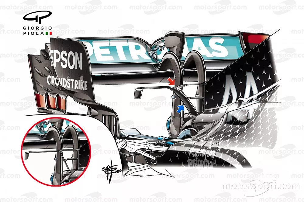 Mercedes F1 W11 T-wing comparison detail