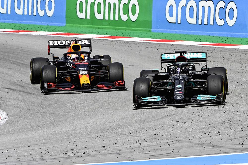 Lewis Hamilton, Mercedes W12 and Max Verstappen, Red Bull Racing RB16B battle 