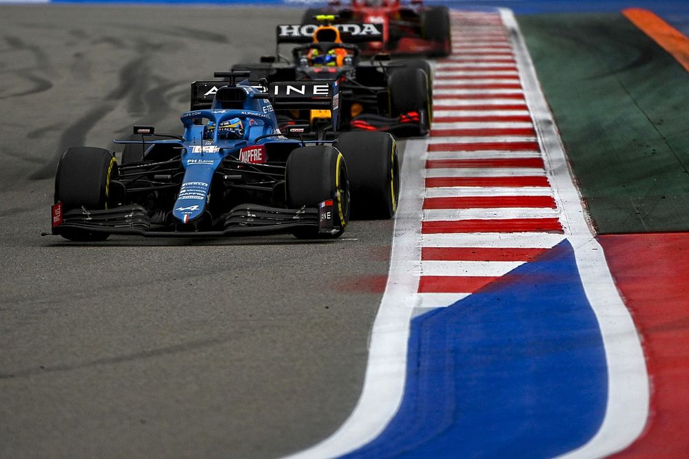 Fernando Alonso, Alpine A521, Sergio Perez, Red Bull Racing RB16B, and Charles Leclerc, Ferrari SF21