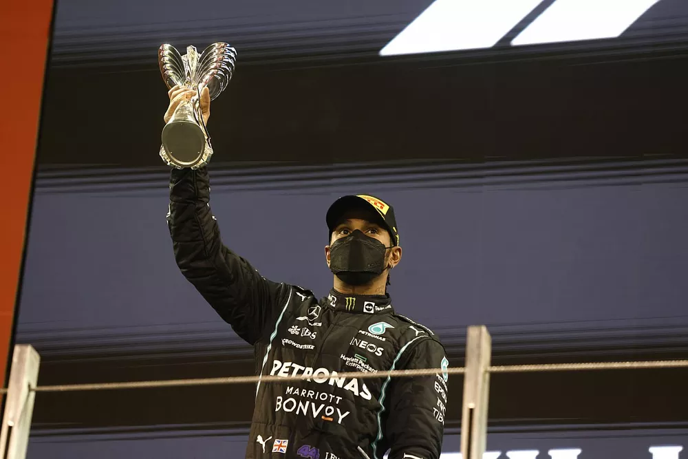 Lewis Hamilton, Mercedes, 2nd position, lifts his trophy