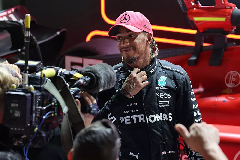 Lewis Hamilton, Mercedes-AMG, 3rd position, celebrates in Parc Ferme